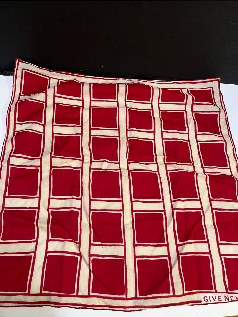 Vintage Givenchy Red and Cream Grid Square Cotton Scarf